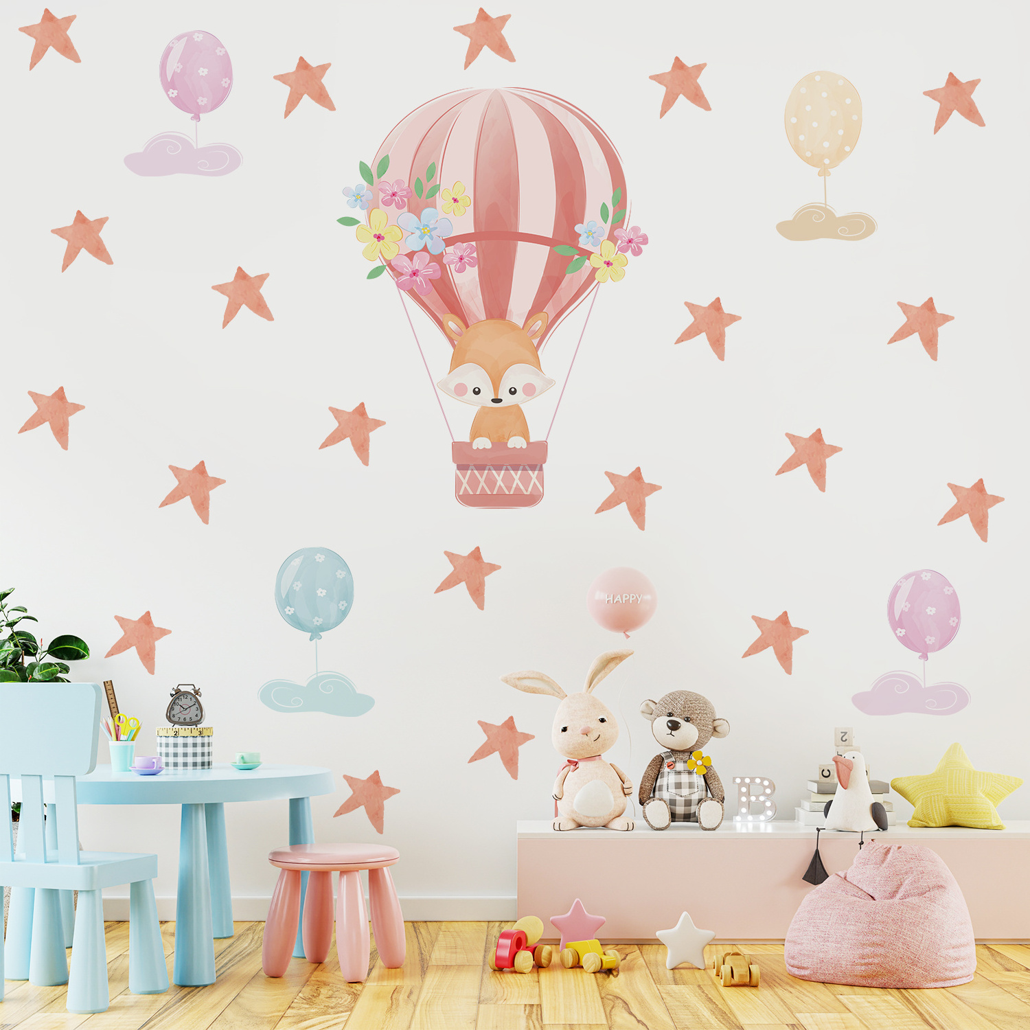 Funlife PY067 Pink hot air balloon with cute cartoon fox and stars baby room wall decoration wall sticker