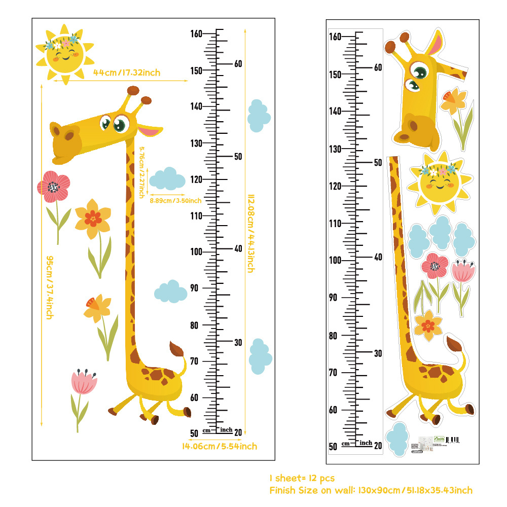 Funlife New Design Giraffe Kids Room Height Chart Animal Wall Decal Transparent PVC Kids Room Stickers