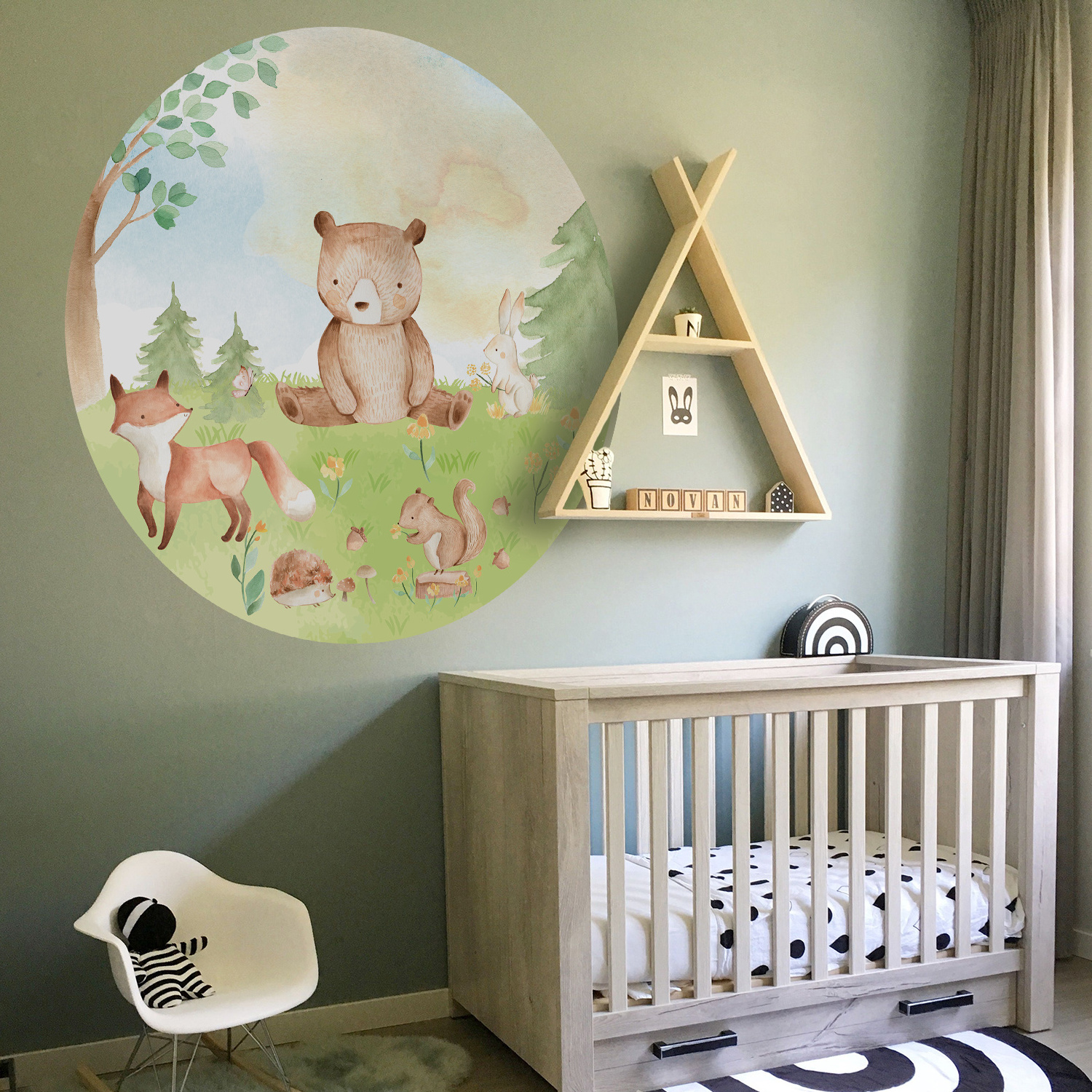 Funlife Round Shape Cute Bear Spring Woodland Theme Nursery Peel and Stick Fabric Wall Decal Mural Kids Room Home Decor