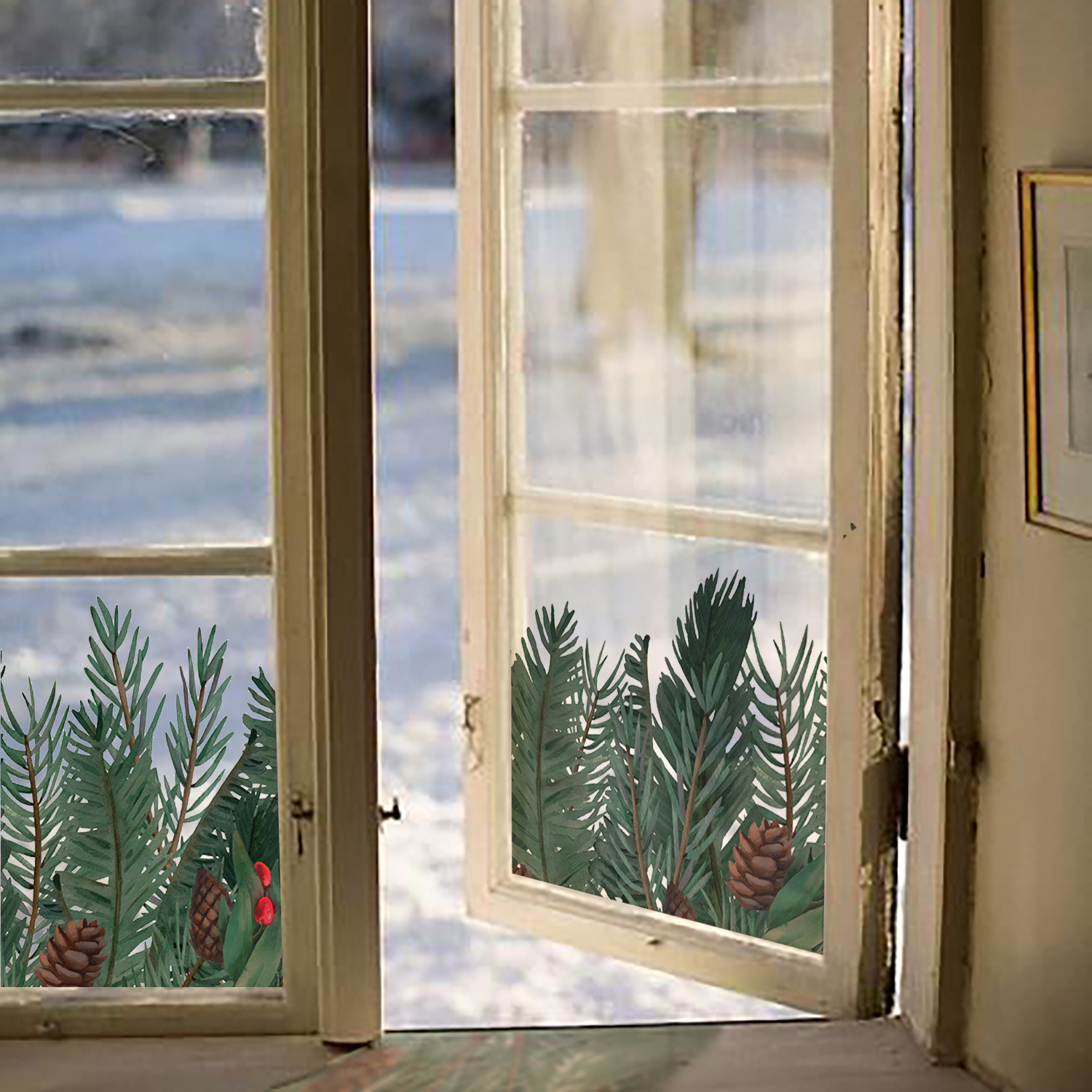 Funlife Winter Floral Window Decals, Transparent Stained Window Sticker  Pine Leaves Glass Door Covering Film for Home