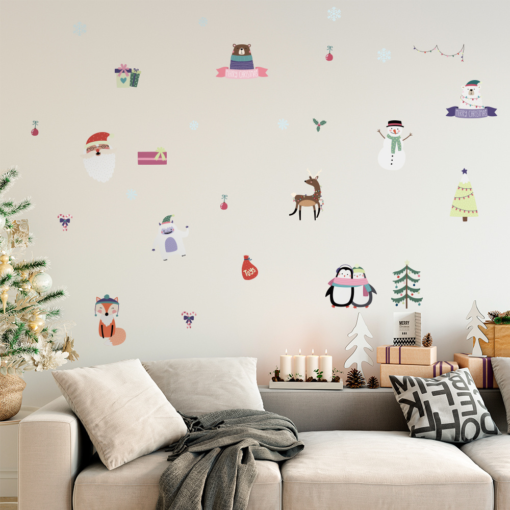 Funlife  PA131 Christmas Cartoon Sticker Santa Elk Penguin Bell Removable Wall Stickers