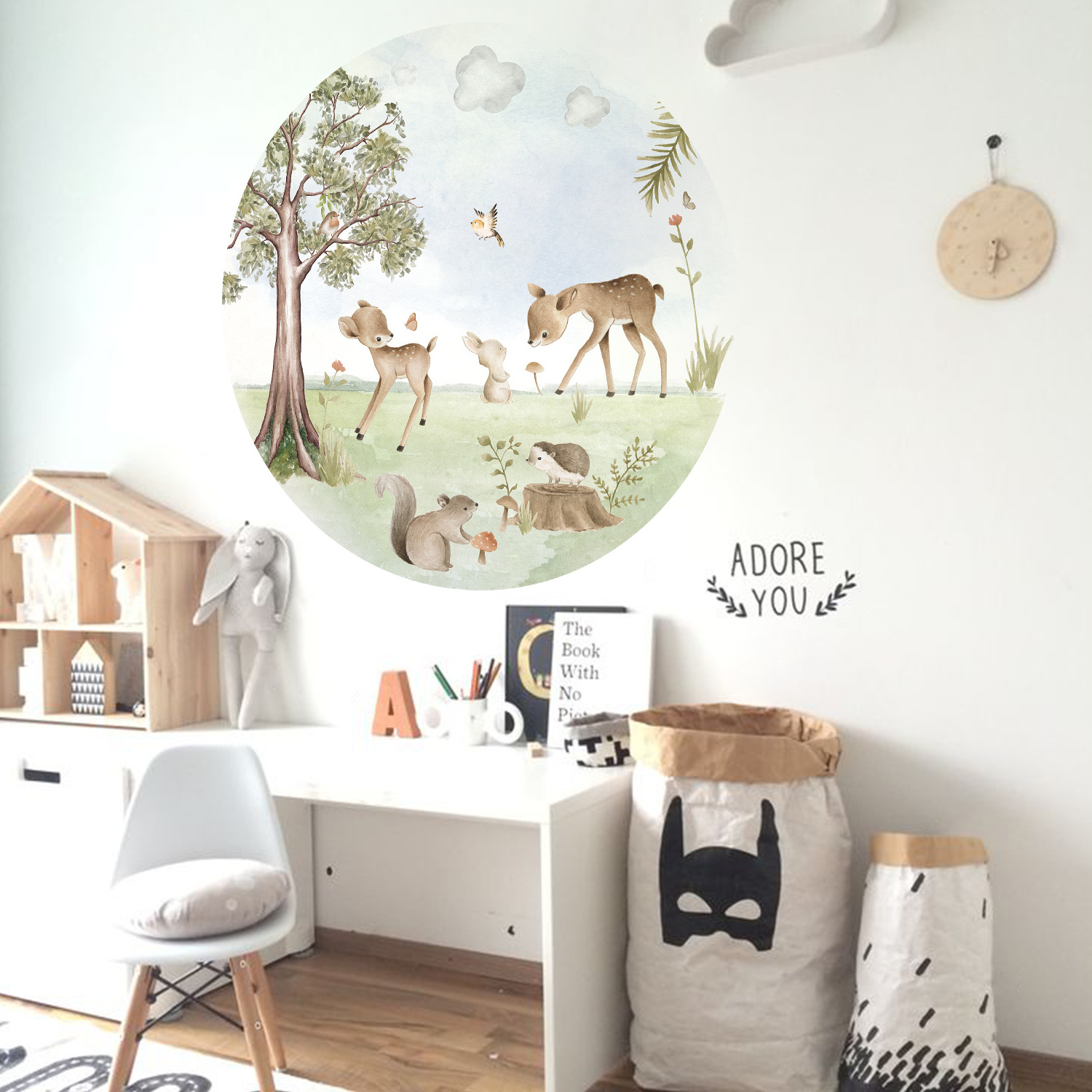 Funlife Round Shape Woodland Fawn with Birds Wall Sticker Kids Room Nursery Home Interior Decor