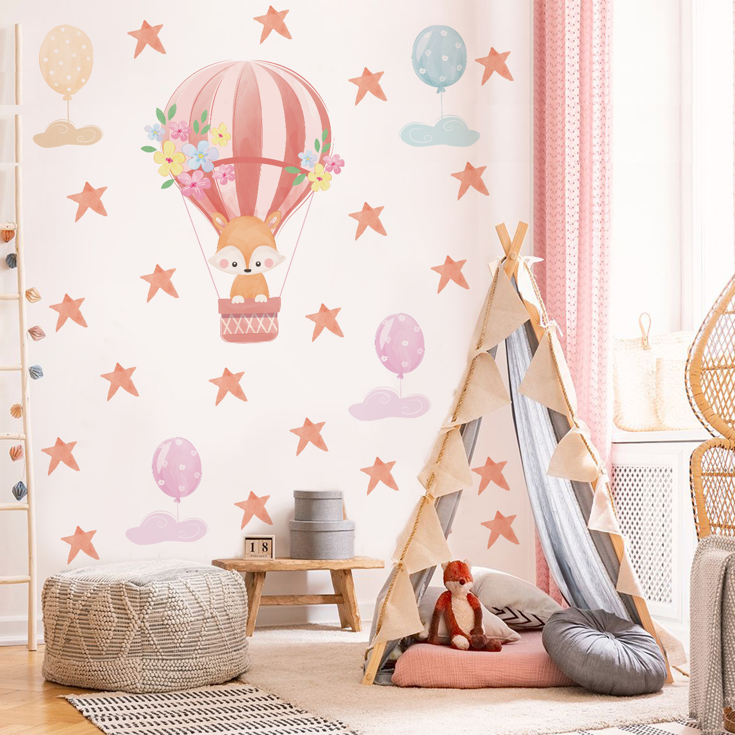 Funlife PY067 Pink hot air balloon with cute cartoon fox and stars baby room wall decoration wall sticker