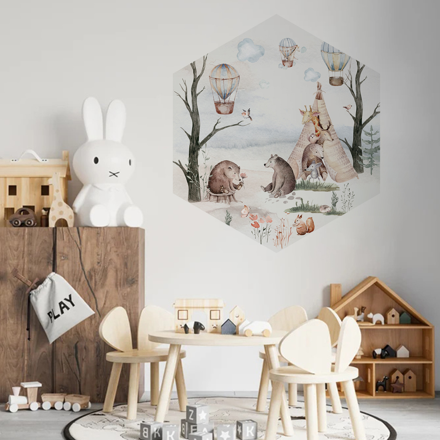 Funlife Hexagon Shape Woodland Animal Tribe Wall Stickers DIY Room Decor Fabric Children Room Mural Decals Nursery Home Decor