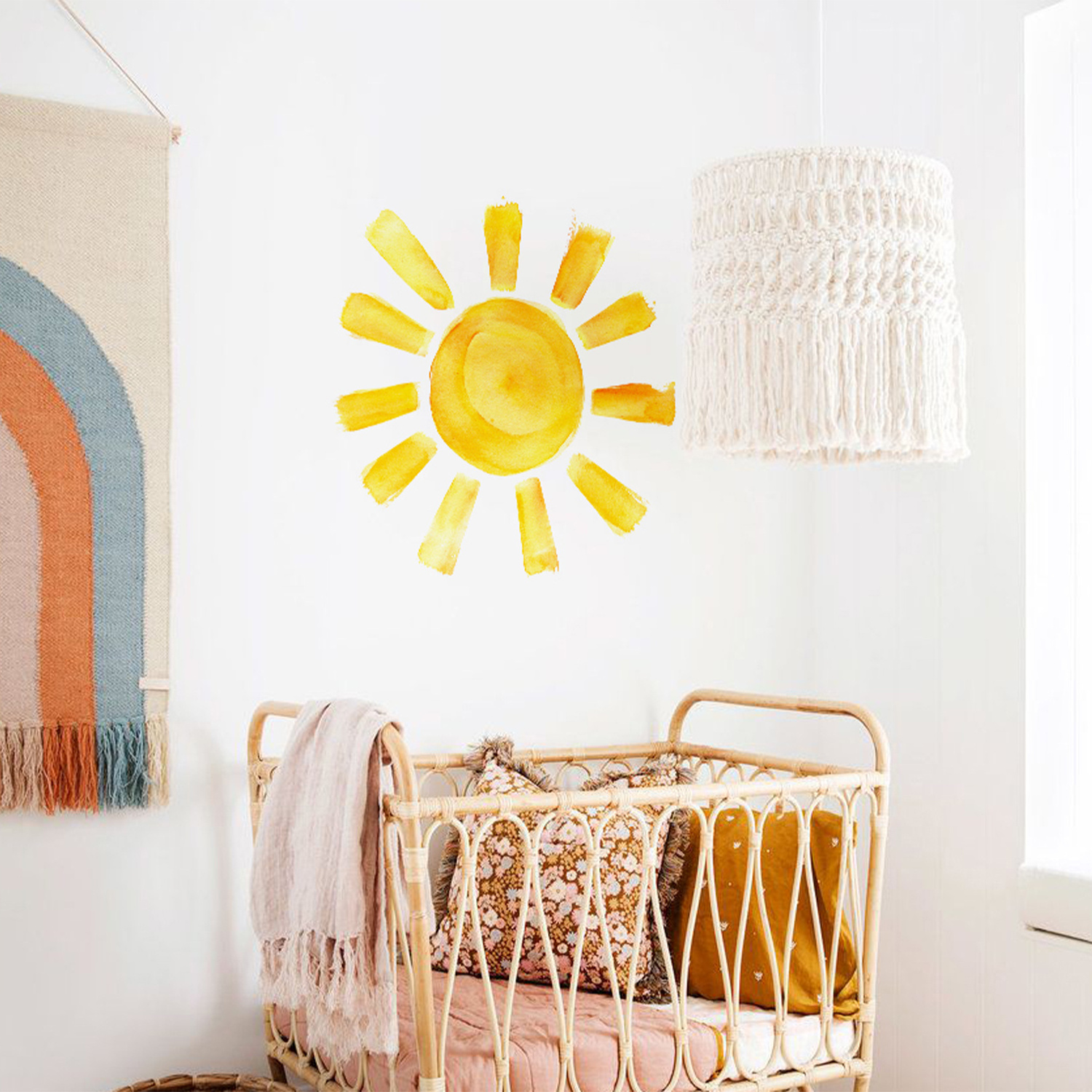 Funlife Watercolor Boho Sun Wall Decals Peel and Stick, PVC Sunrise Wall Stickers, Yellow Sunshine Wall Art Decor for Kids Room