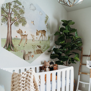 Funlife Hexagon Shape Deer Hare With Birds Spring Woodland Wall Sticker for Nuersery Room Home Interior Decor