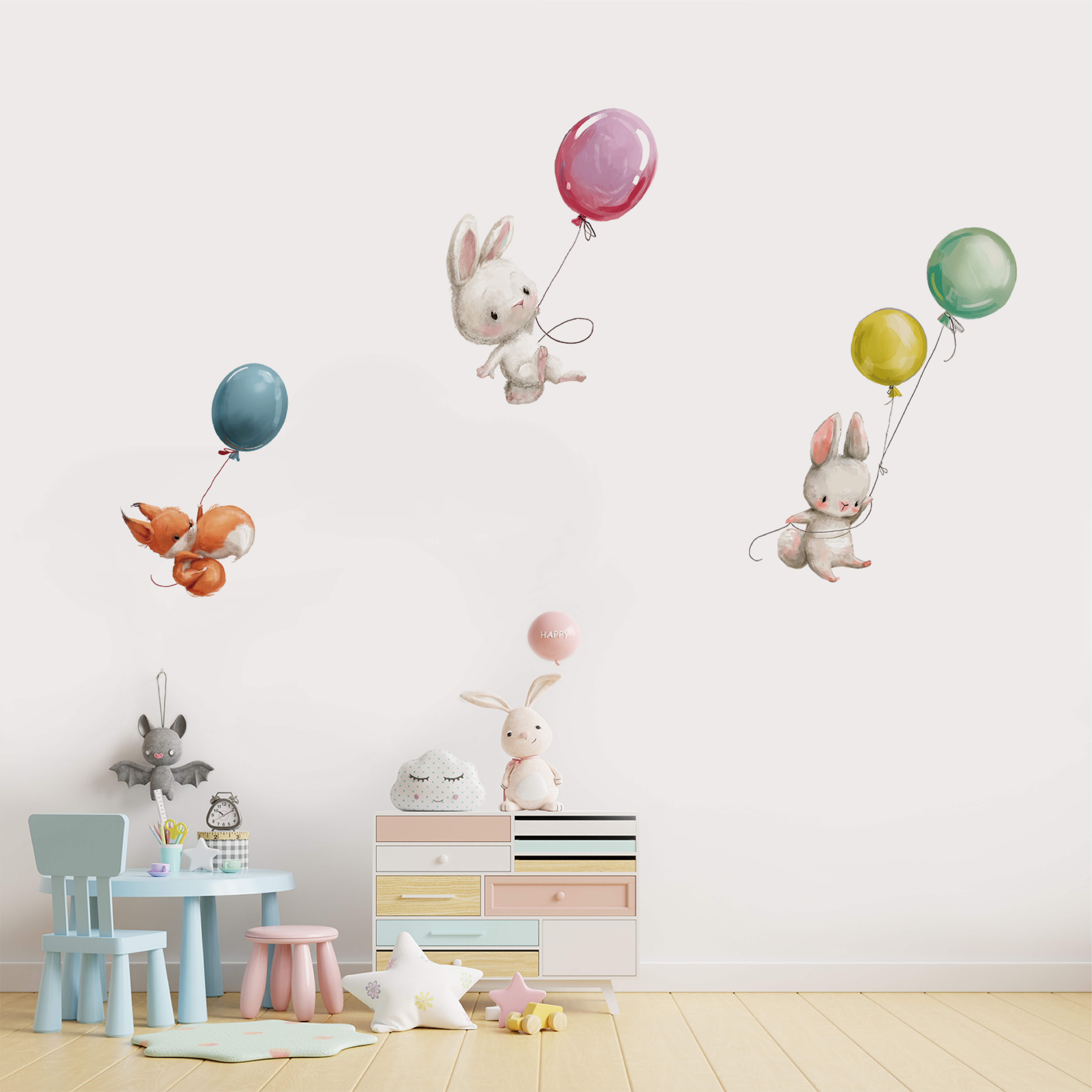 Funlife PY052 Cartoon rabbit flying with balloon cute wall decals for baby room wall decoration wall sticker