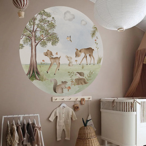 Funlife Round Shape Woodland Fawn with Birds Wall Sticker Kids Room Nursery Home Interior Decor