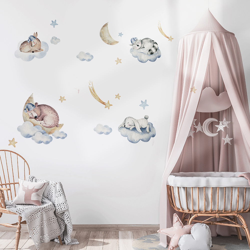 Funlife LGWS079 Animals Wall Decals with Clouds Star Moon Sleeping Animals Wall Decals  for Playroom Classroom Nursery