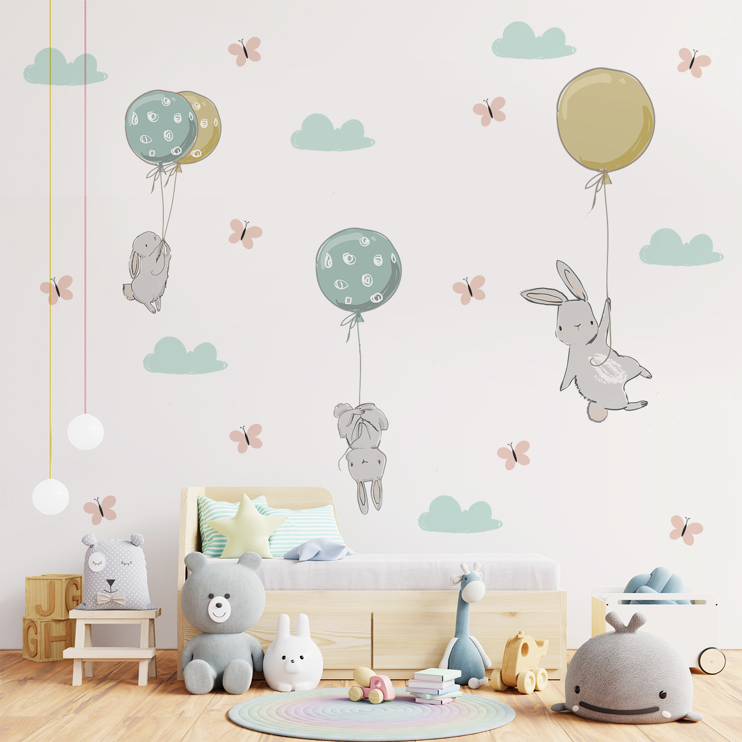 Funlife PY036 blue balloons with clouds cartoon bunny rabbit wall decals nursery room wall sticker