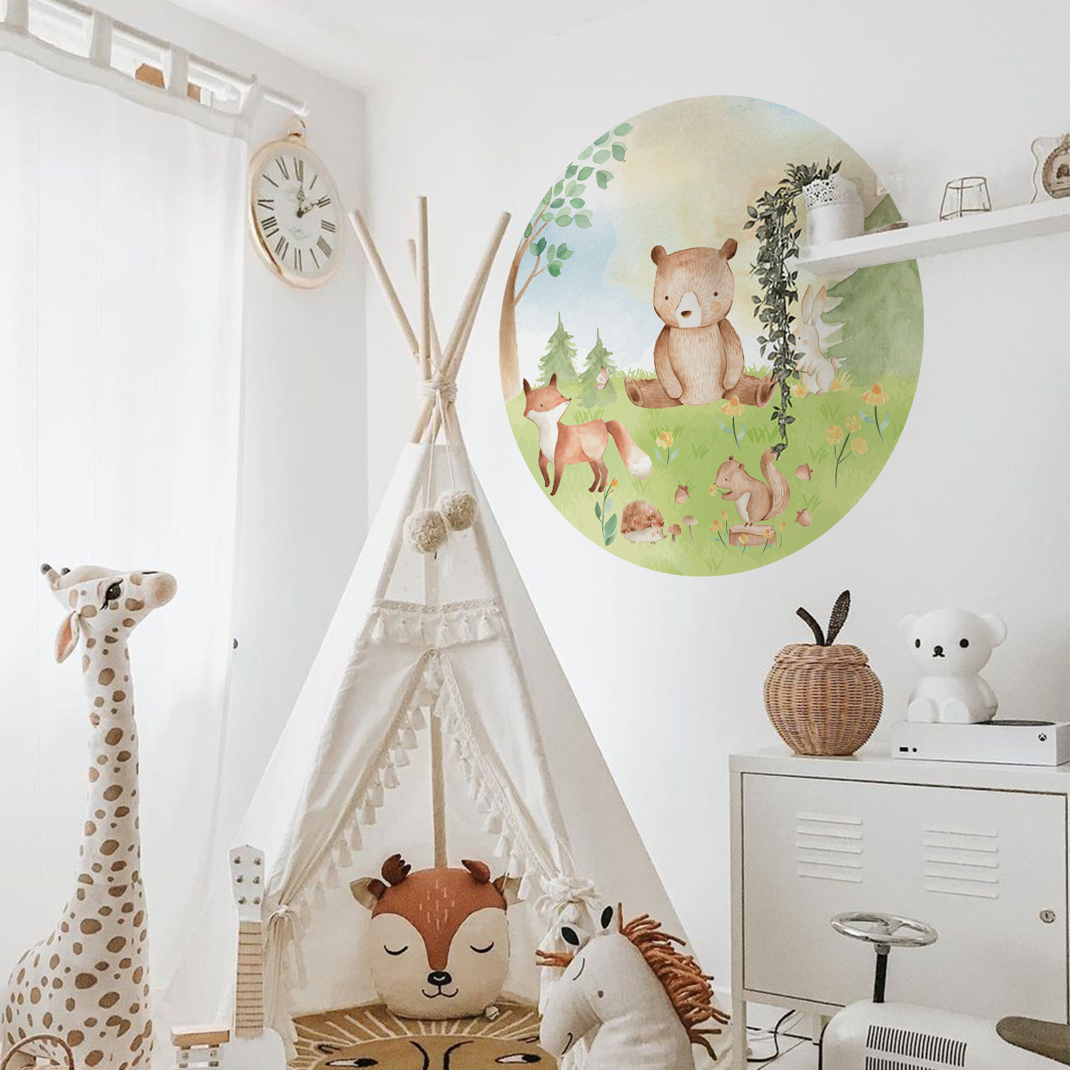 Funlife Round Shape Cute Bear Spring Woodland Theme Nursery Peel and Stick Fabric Wall Decal Mural Kids Room Home Decor