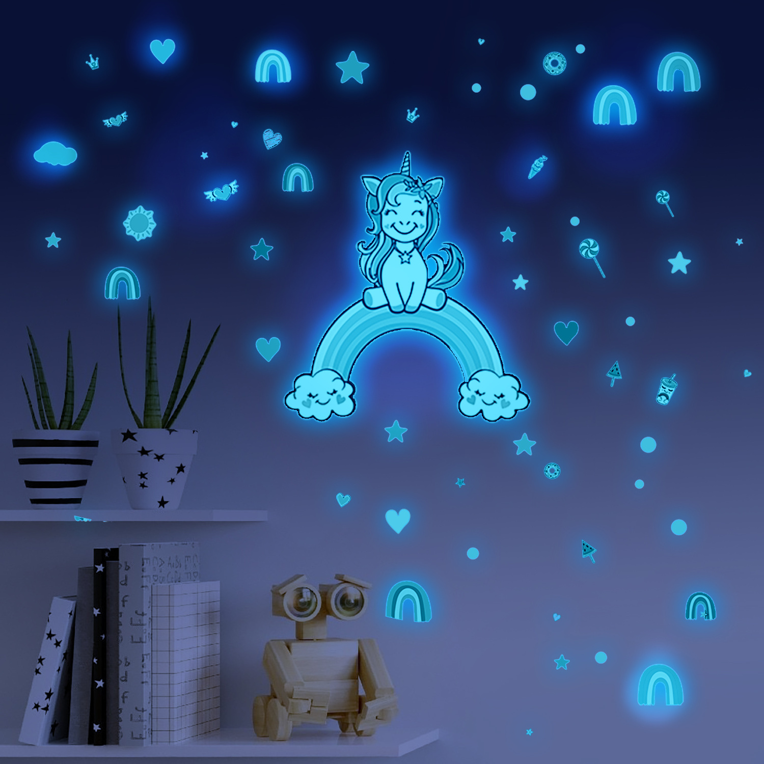 Funlife GN003 cute unicorn on the rainbow glow in dark luminous wall stickers nursery room wall decoration