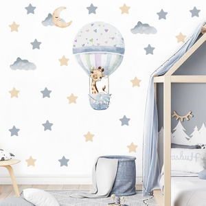 Funlife PY074 cartoon light blue hot air balloon with giraffe wall decoration for baby room wall sticker