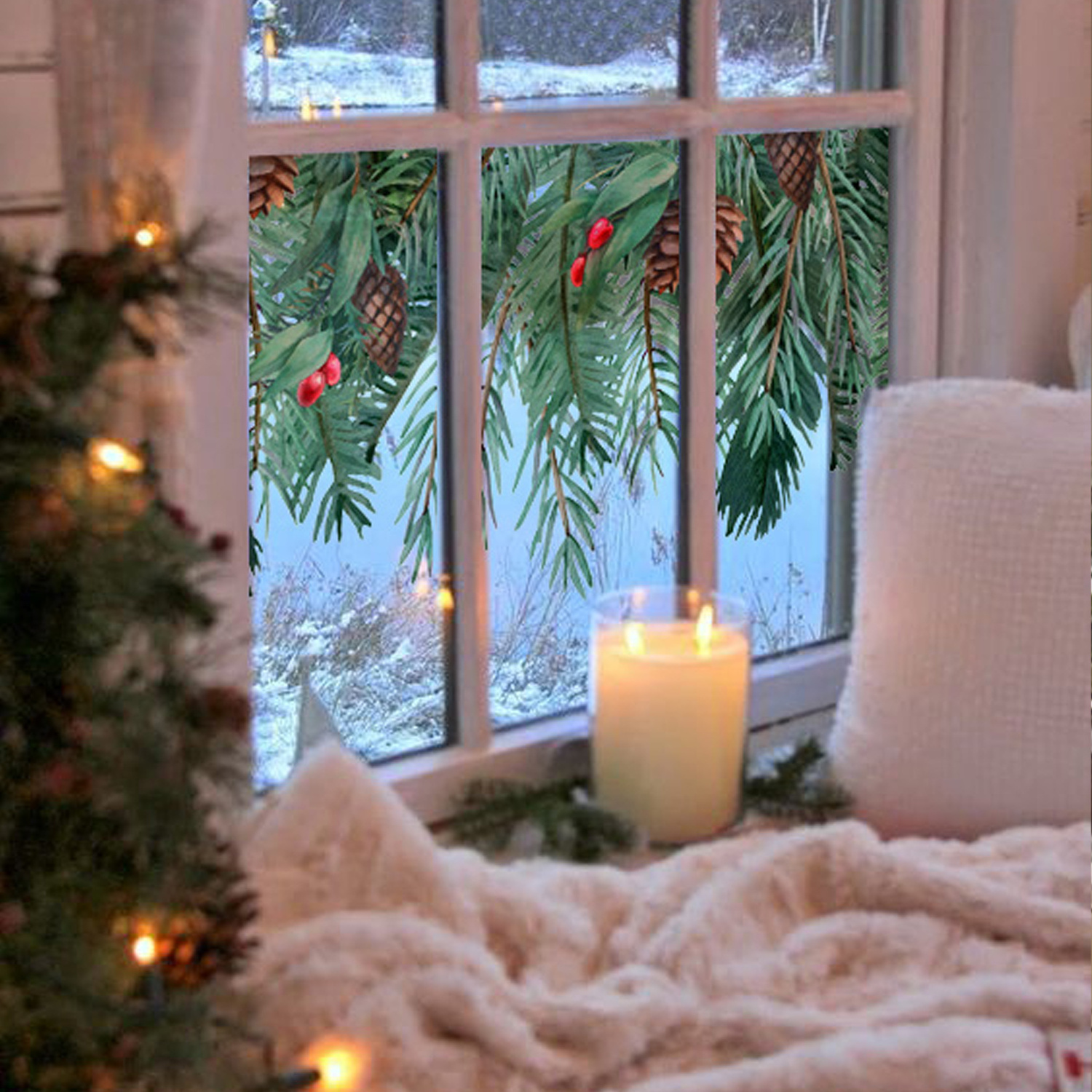 Funlife Winter Floral Window Decals, Transparent Stained Window Sticker  Pine Leaves Glass Door Covering Film for Home