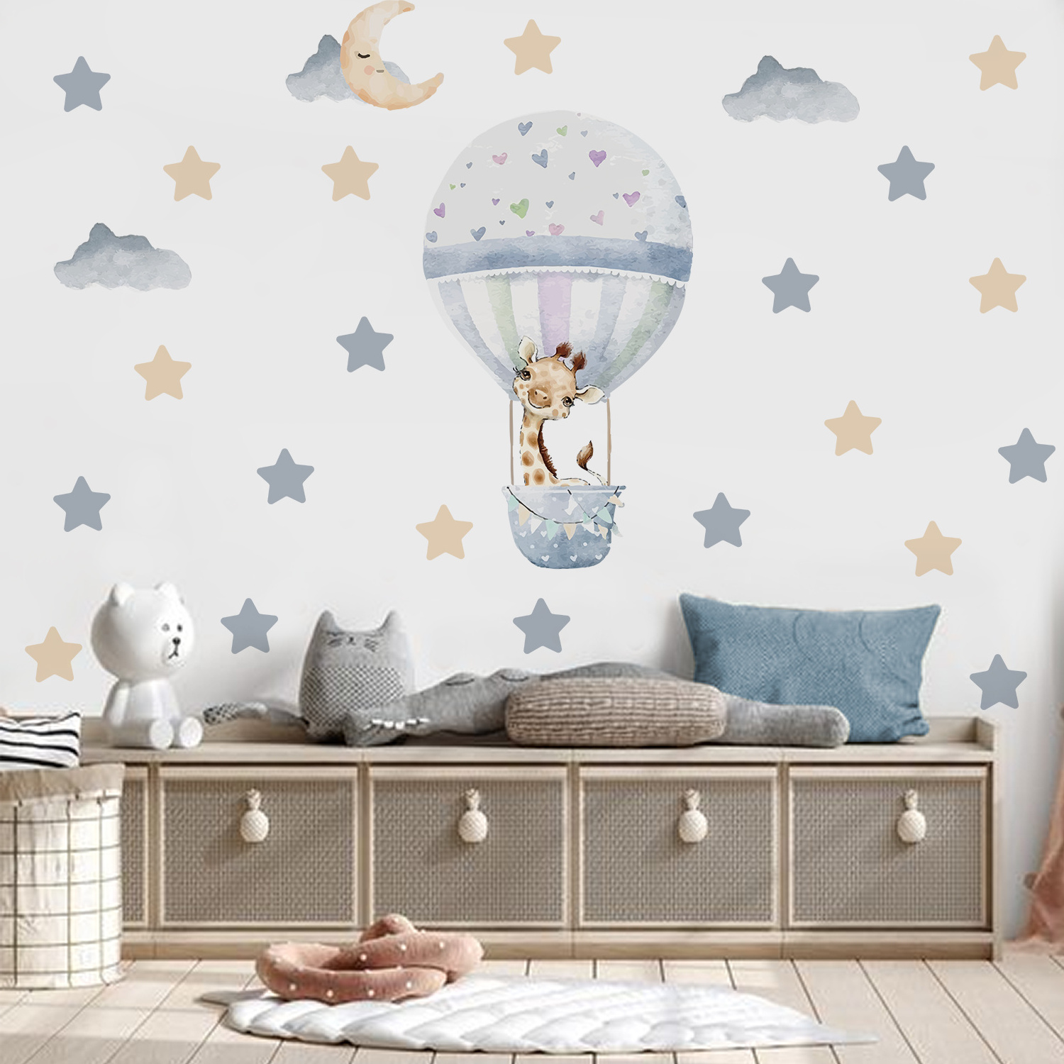 Funlife PY074 cartoon light blue hot air balloon with giraffe wall decoration for baby room wall sticker