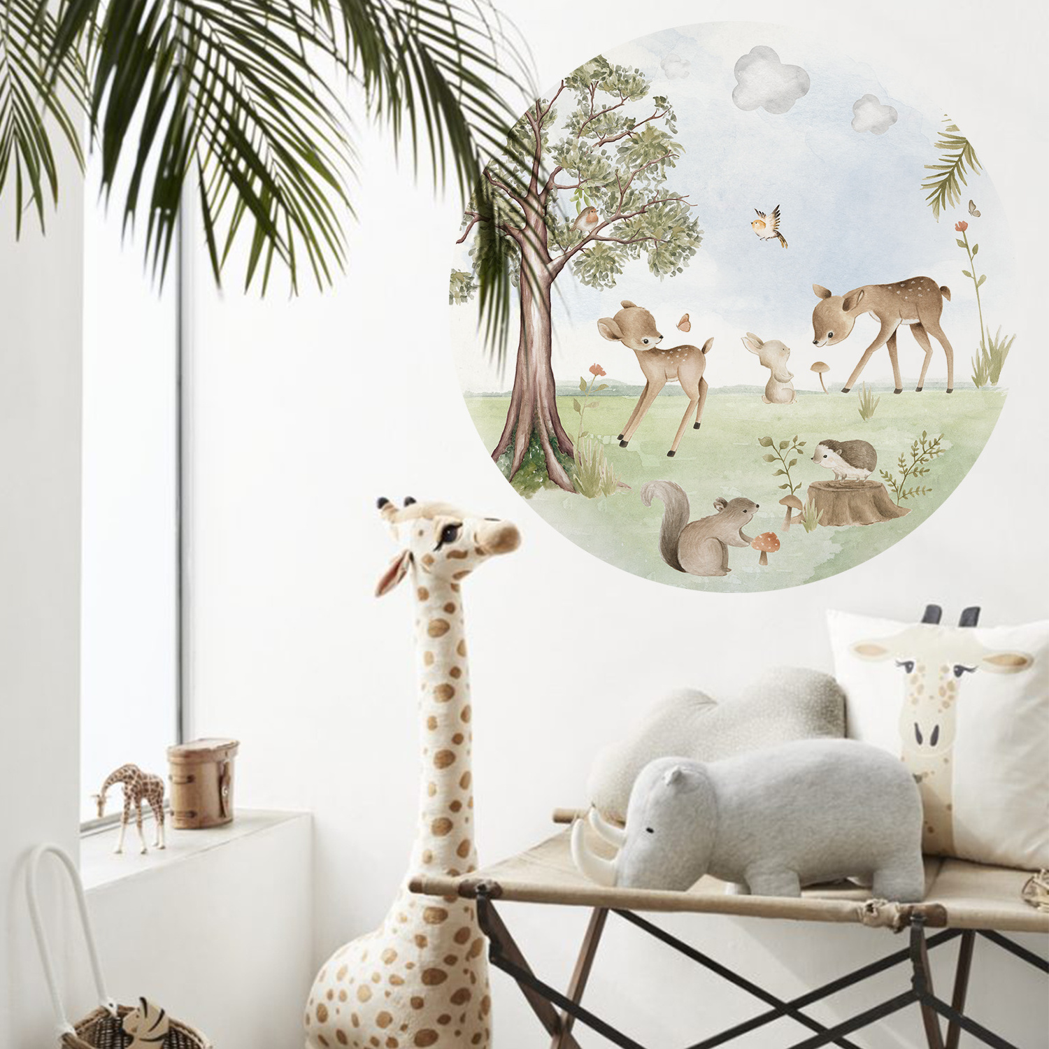 Funlife Round Shape Woodland Fawn with Birds Wall Sticker Kids Room Nursery Home Interior Decor