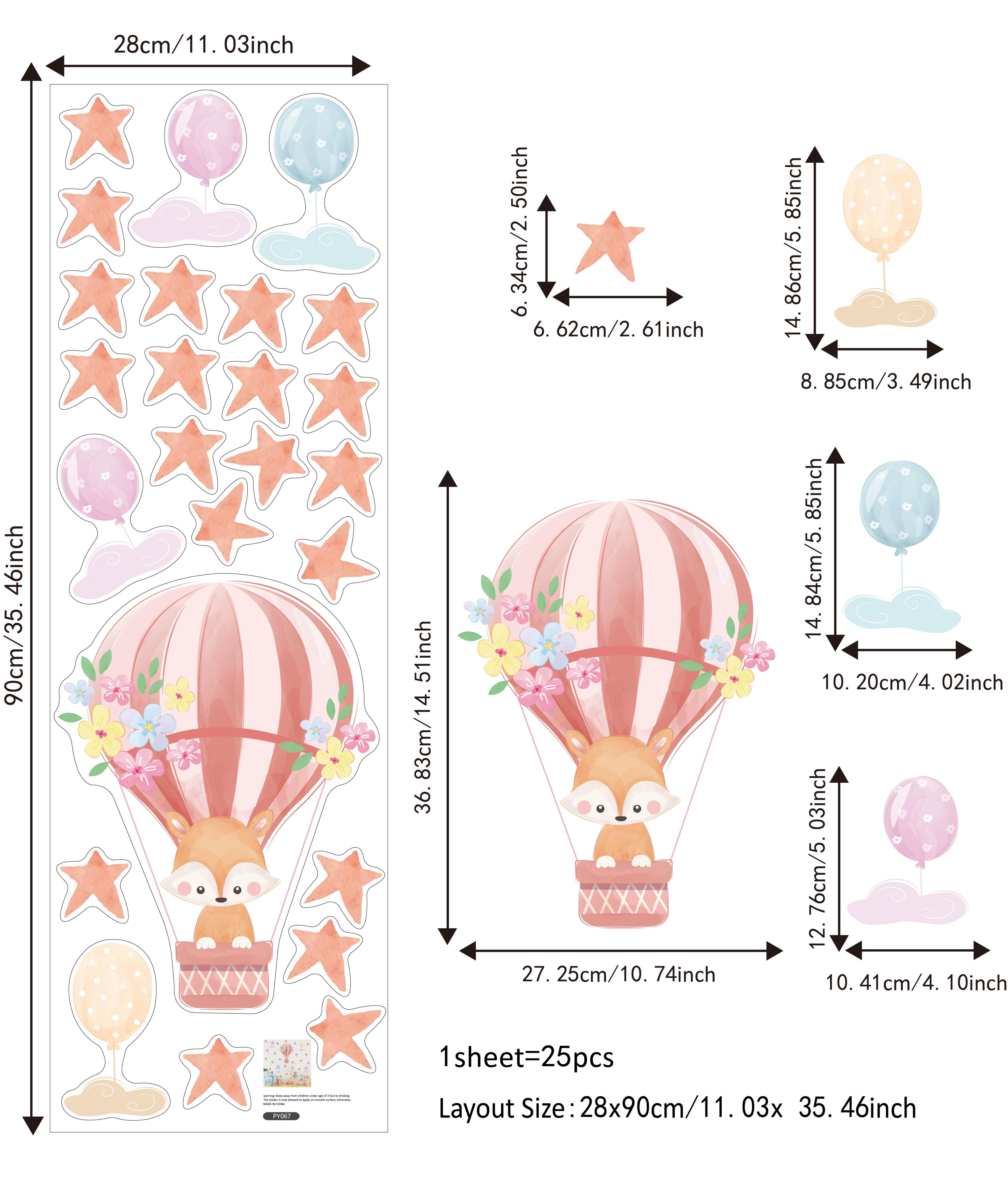 Funlife PY067 Pink hot air balloon with cute cartoon fox and stars baby room wall decoration wall sticker