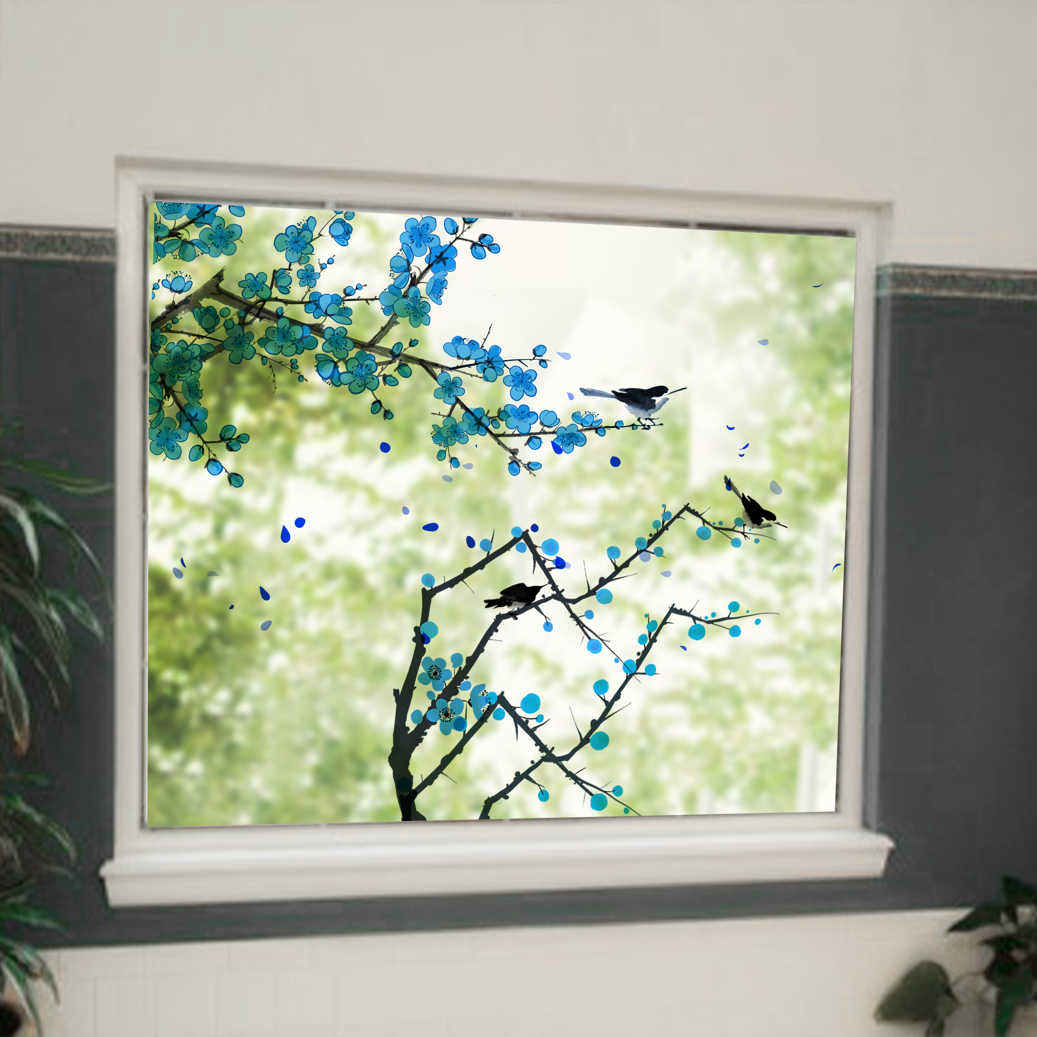 Funlife Watercolor Chinoiserie Blue Floral Window Sticker  Stained Double Sided Window Decals for Glass Windows Door Decor