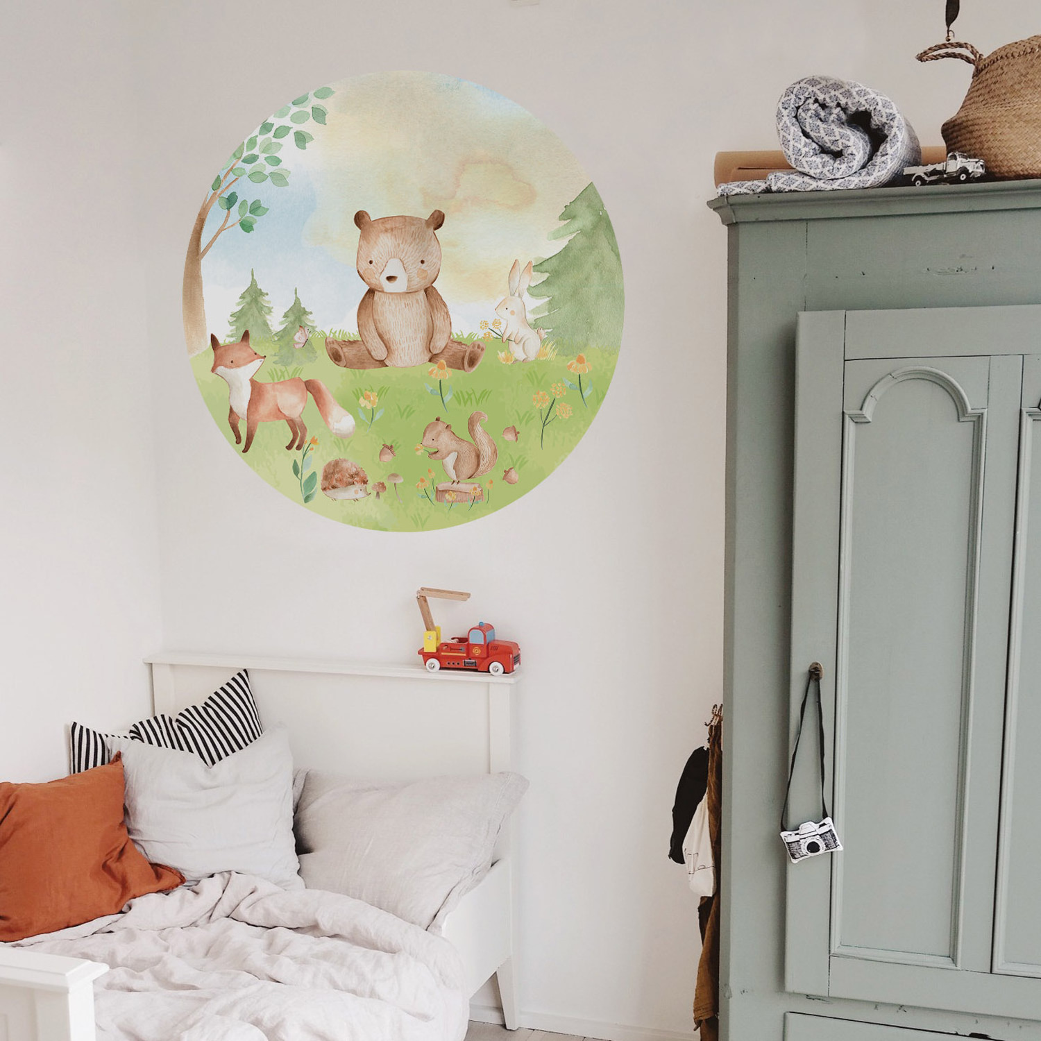 Funlife Round Shape Cute Bear Spring Woodland Theme Nursery Peel and Stick Fabric Wall Decal Mural Kids Room Home Decor