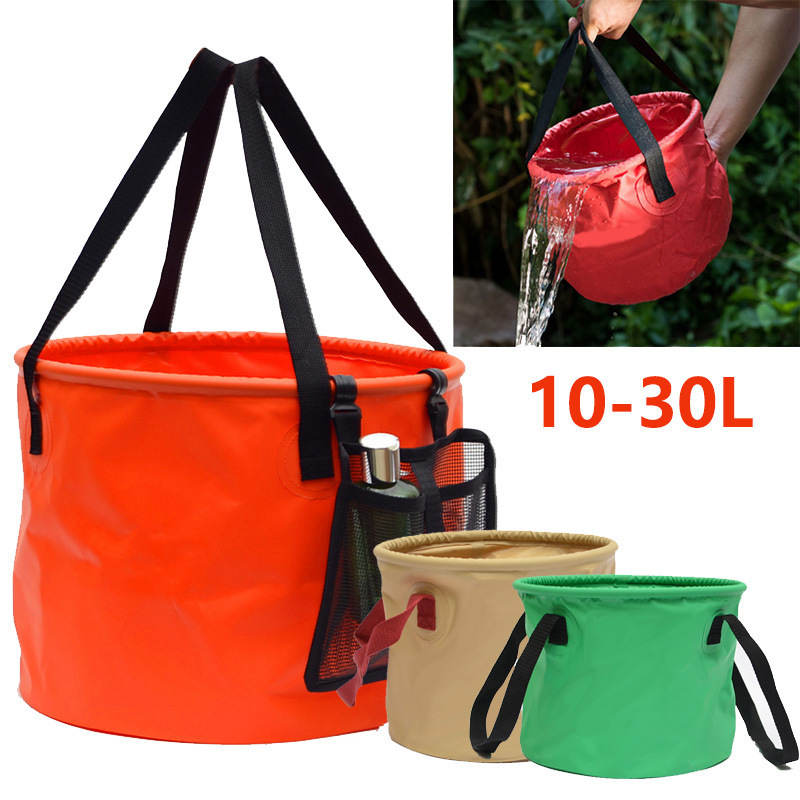 Collapsible Bucket Camping Water Storage Container Portable Bath Tub Wash Basin with Mesh Pocket & Bottle