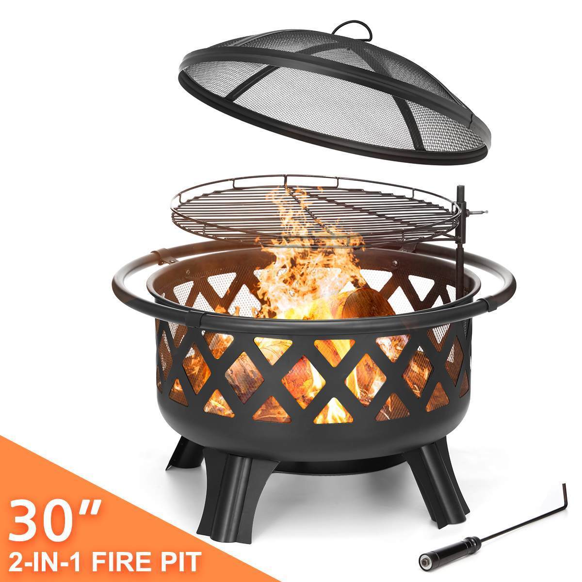 30inch BBQ Grill Fire Pits Outdoor Wood Burning Fire Pit Stove Garden Patio Wood Log Barbecue Grill Net Set Cooking Tools