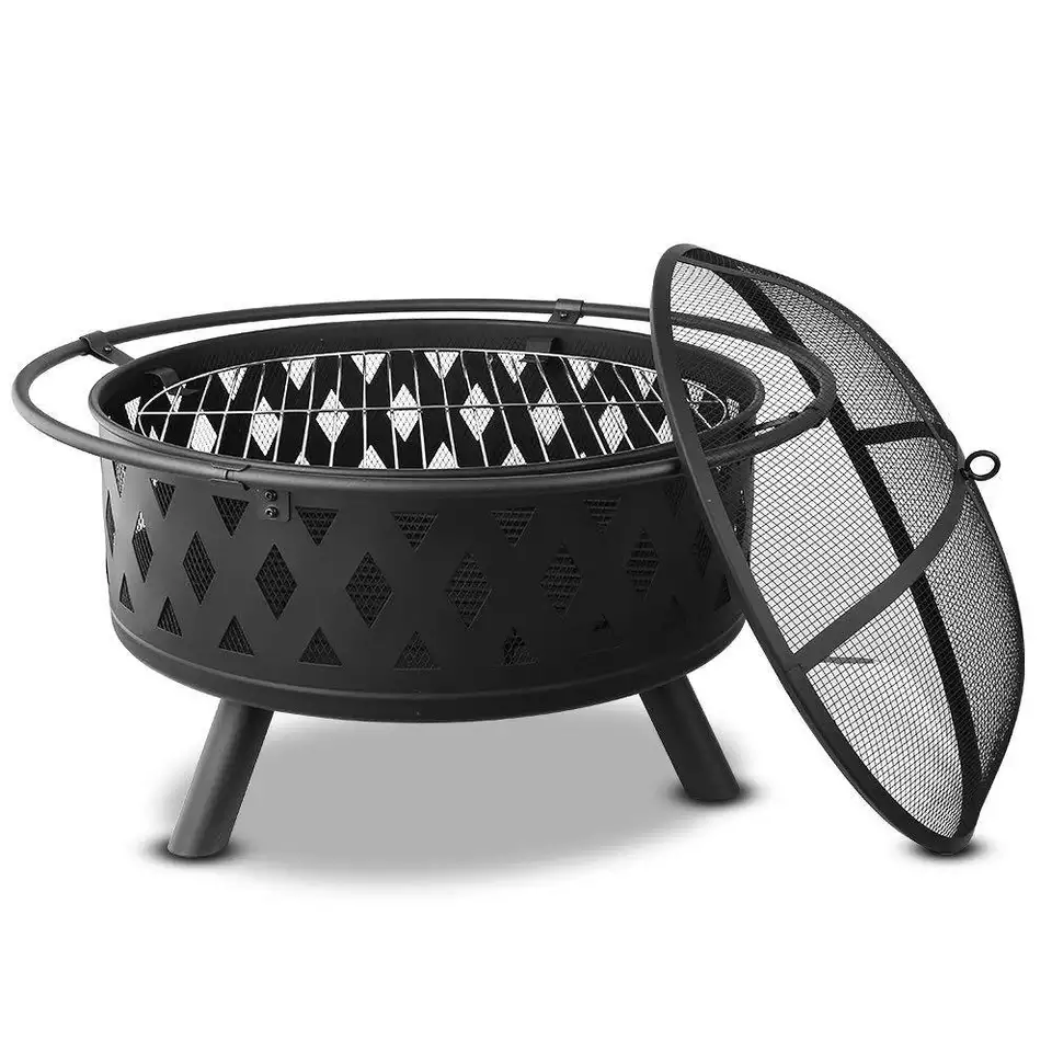 Outdoor Portable Charcoal Wood Fire Pit With Cover And Lava Rock Stone BBQ Grill