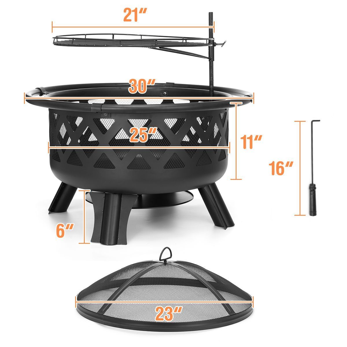 30inch BBQ Grill Fire Pits Outdoor Wood Burning Fire Pit Stove Garden Patio Wood Log Barbecue Grill Net Set Cooking Tools