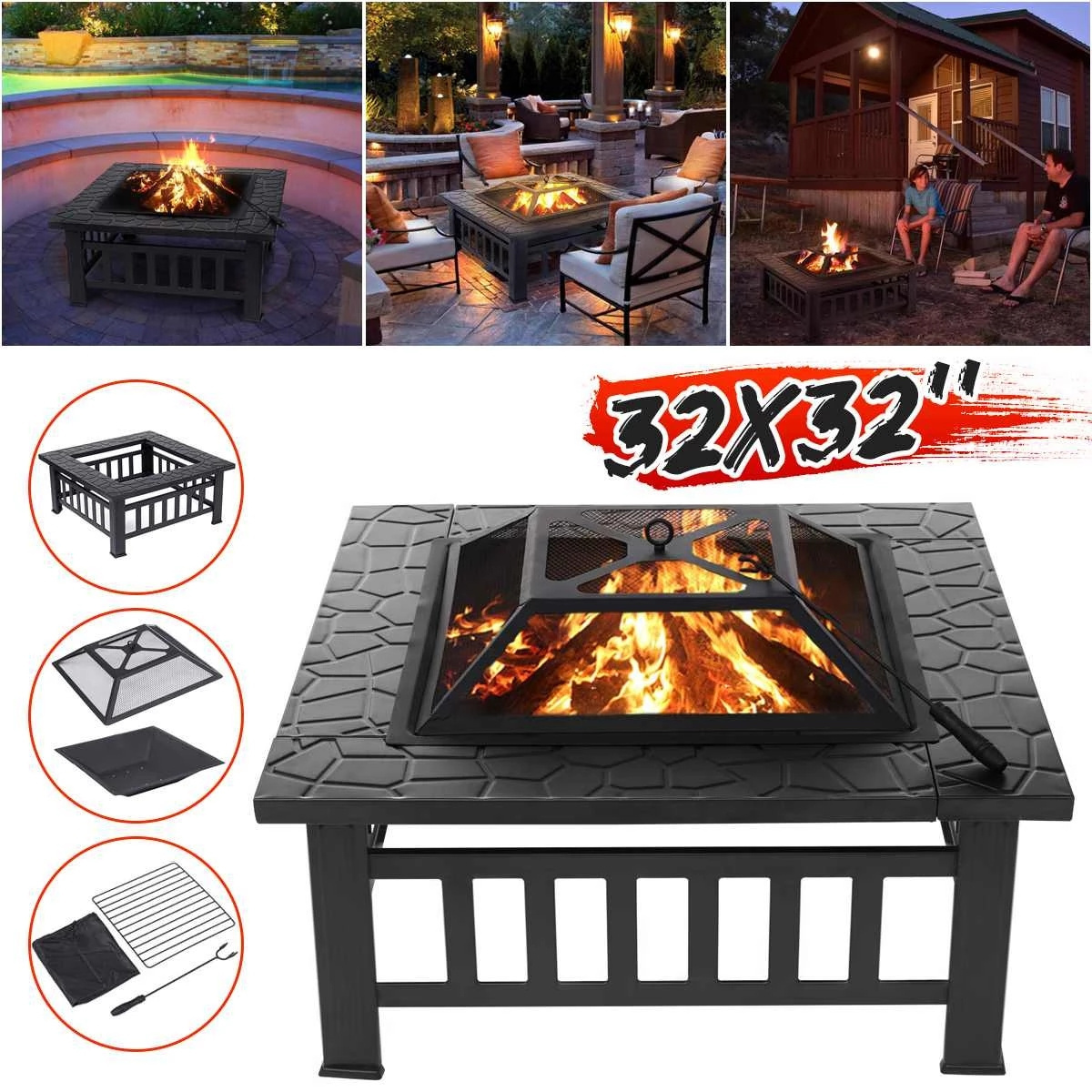 CR 32Inch Iron Large Fire Pits Cast Iron Firepit Modern Stylish BBQ Burn Pit Outdoor for Garden Patio Terrace Camping Stand Stove