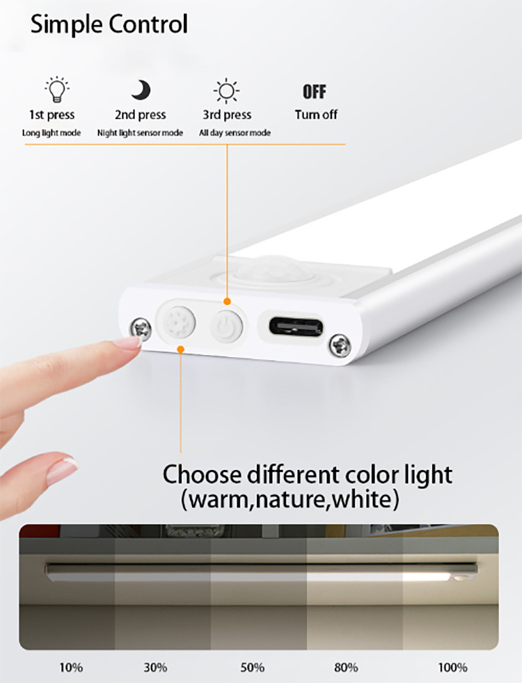 Upgrade Magnetic Lamp 3 colors Motion Sensor Under Counter Wireless Lighting Rechargeable LED Closet Light Under Cabinet Light