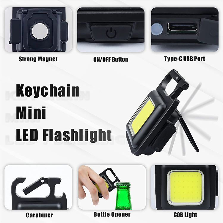 Super Bright Pocket Mini Keychain Rechargeable Magnetic Cob Small Aluminum Flashlight with Folding Bracket Bottle Opener