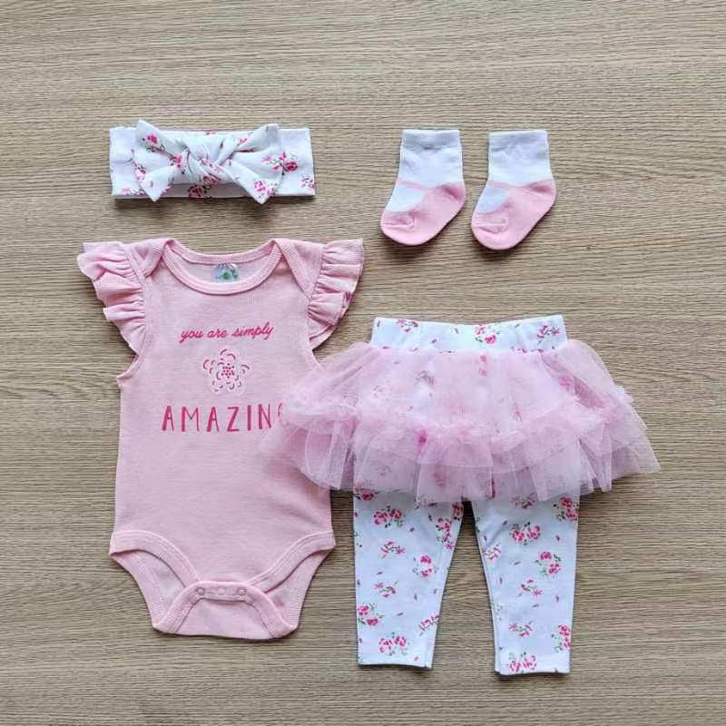 Customaized Boys and Girls Baby Clothing 4Pcs Children's Cotton Print Clothing Spring and Autumn Rompers 4-Piece Suit