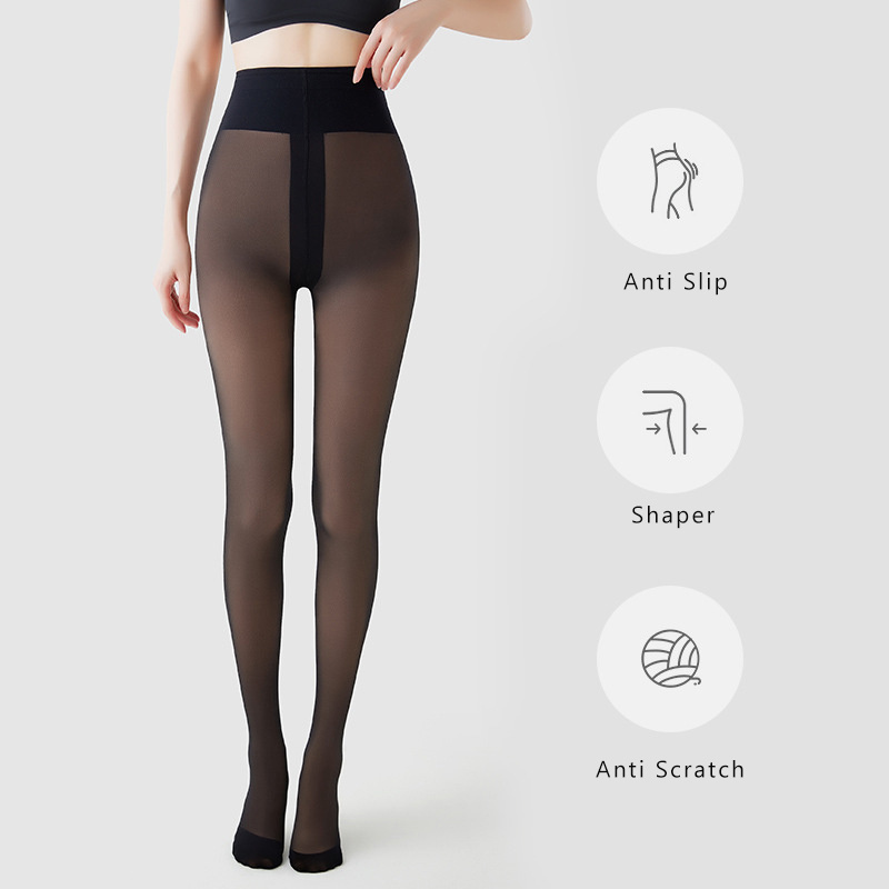 Sexy two layer fake transparent silk fleece winter leggings stocking pantyhose tights for women