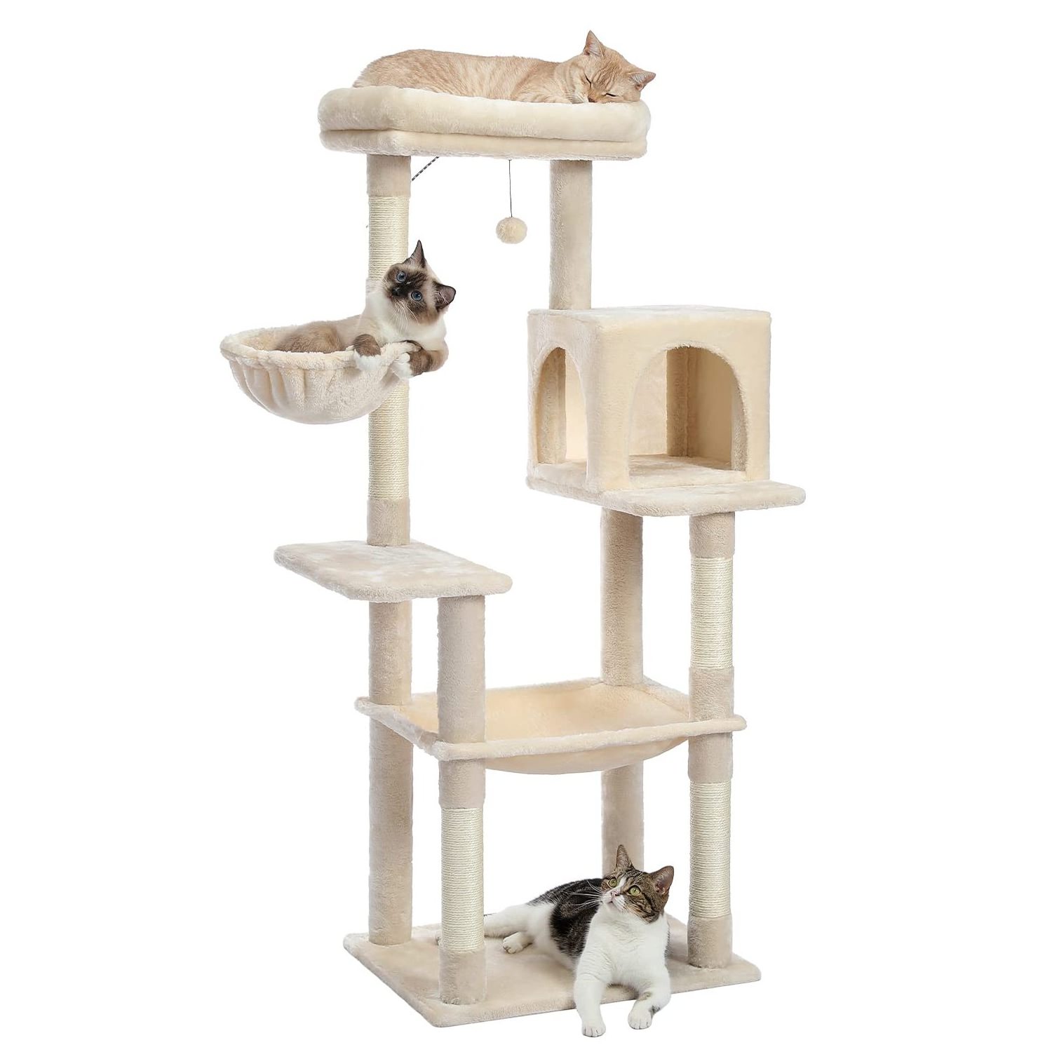 Plush Cat Tower Multilevel Cat Play House with Sisal Scratching Posts, Spacious Hammock and Large Condos,cat trees & scratcher