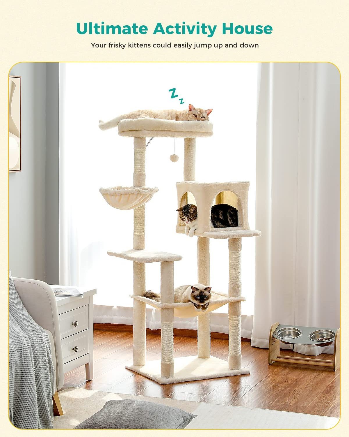 Plush Cat Tower Multilevel Cat Play House with Sisal Scratching Posts, Spacious Hammock and Large Condos,cat trees & scratcher