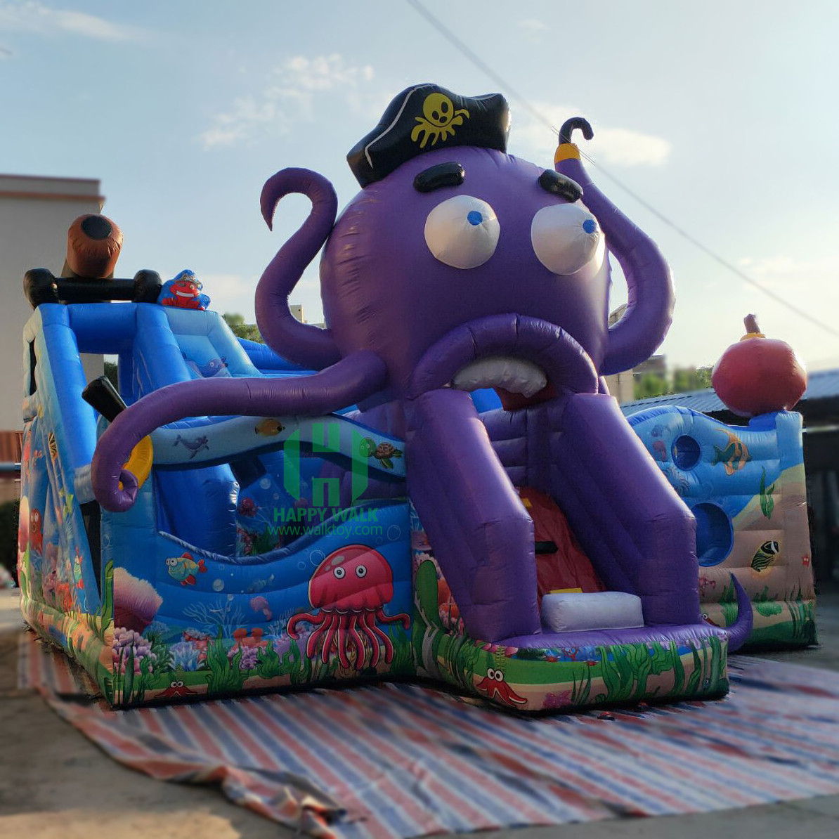 Purple Big Octopus Inflatable Bouncy Castle with slide Jumping Amusement Park Equipment