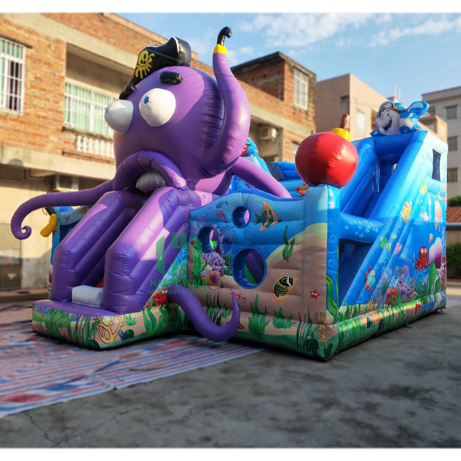 Purple Big Octopus Inflatable Bouncy Castle with slide Jumping Amusement Park Equipment