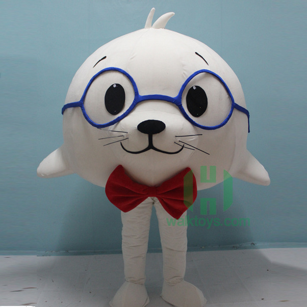 cute big body white Sea Lion mascot costume with blue glasses