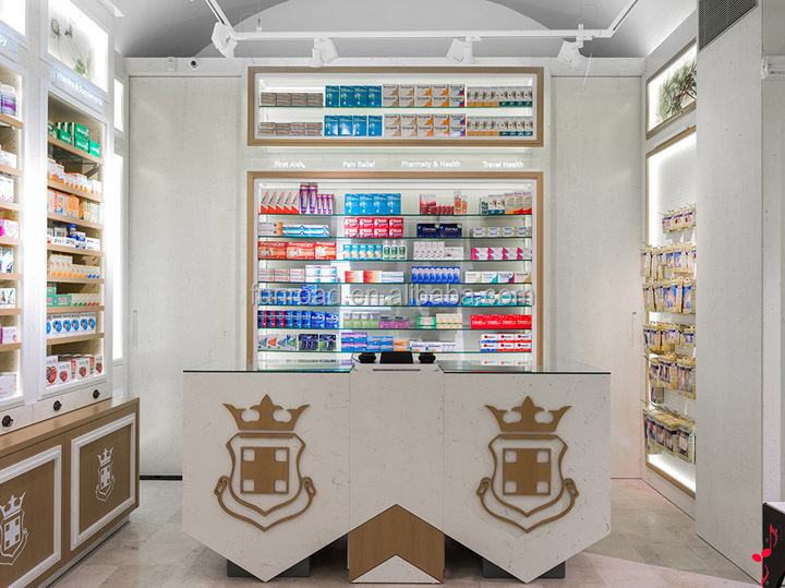 Pharmacy store white wooden wall cabinet with LED lights and glass shelves