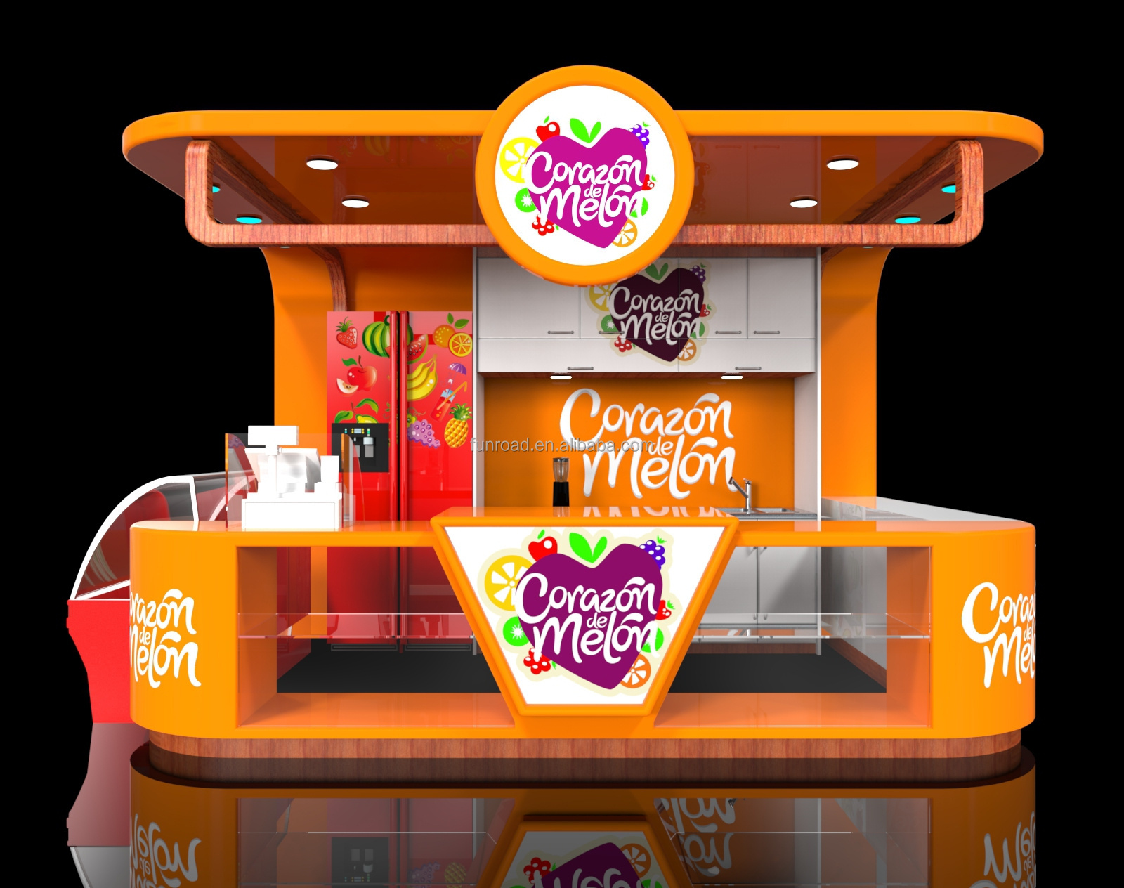 Modern Orange Portable Fast Food Kiosk Bubble Tea and Coffee Bar Kiosk in Shopping Mall for Sale