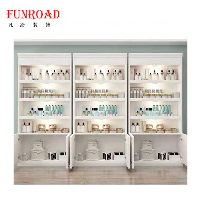 Hot Selling Custom Wall Cosmetic Shelf Makeup Display Cabinet  Perfume Display Shelves with Locker Retail Display Stand Rack