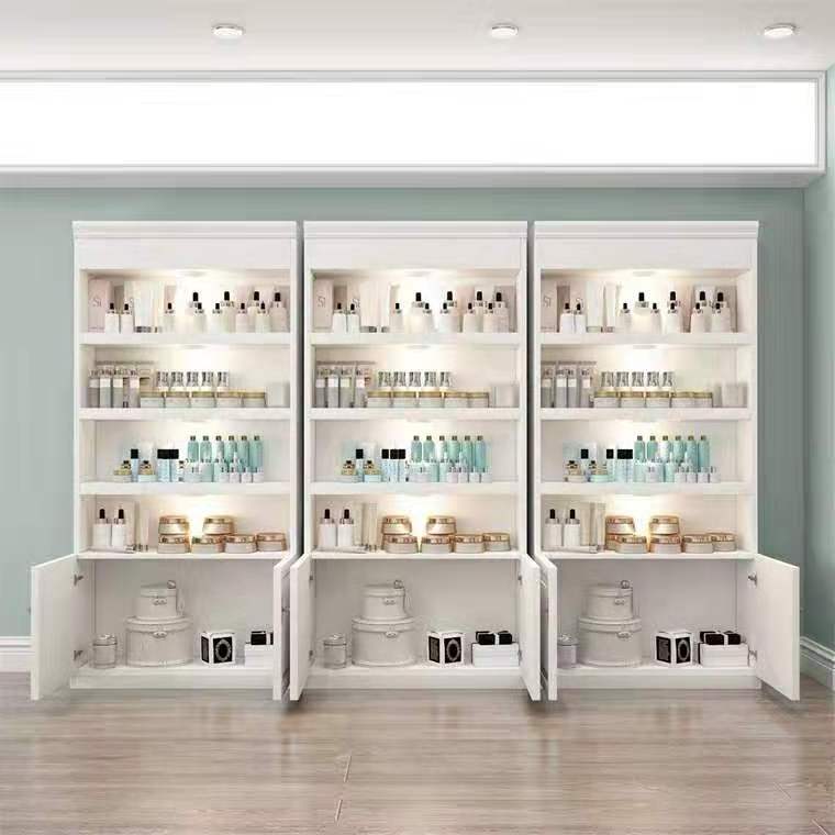 Hot Selling Custom Wall Cosmetic Shelf Makeup Display Cabinet  Perfume Display Shelves with Locker Retail Display Stand Rack