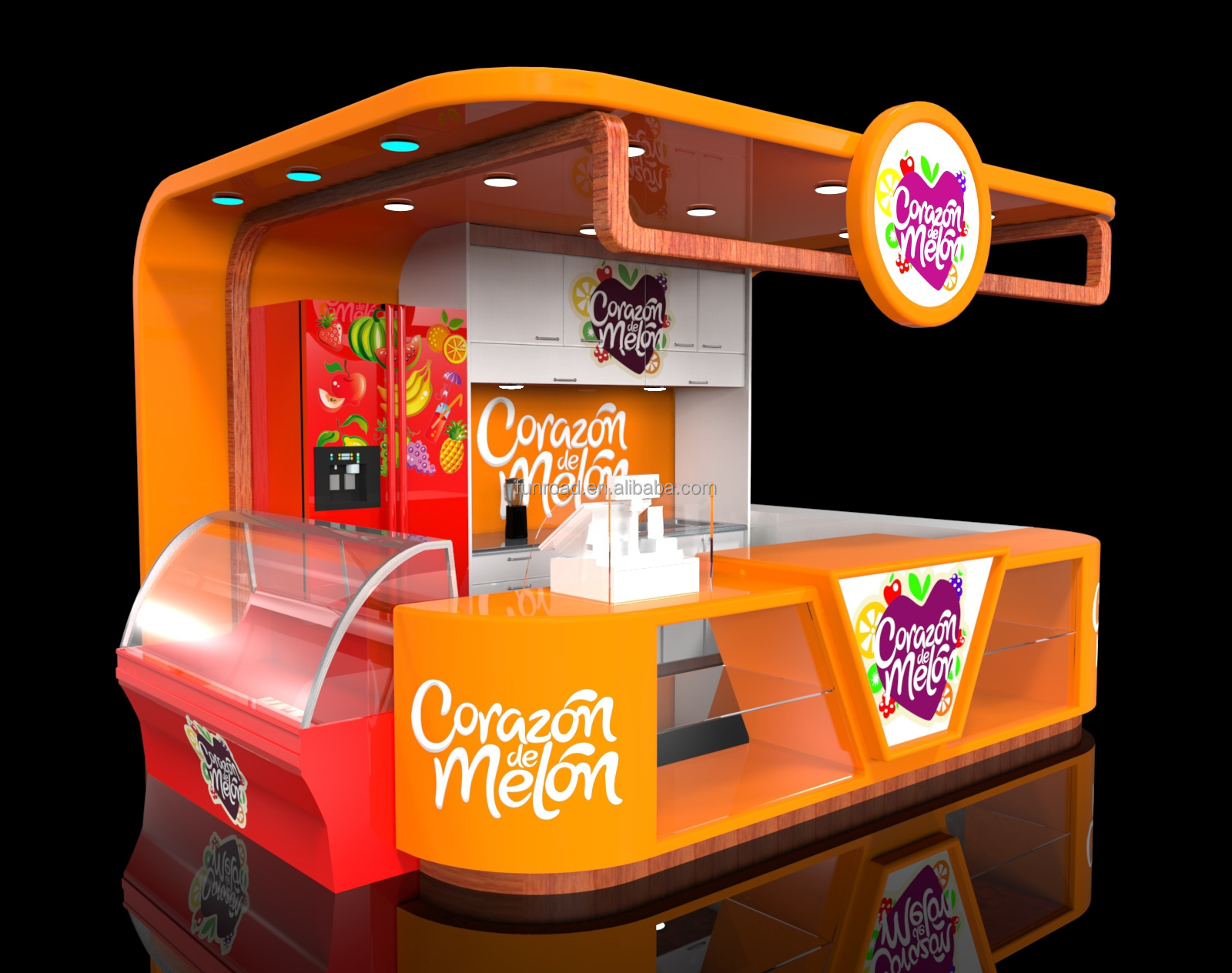 Modern Orange Portable Fast Food Kiosk Bubble Tea and Coffee Bar Kiosk in Shopping Mall for Sale