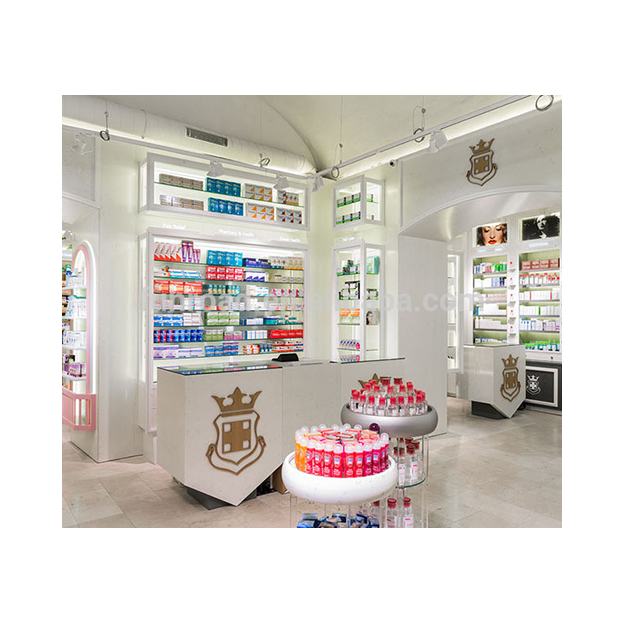 Pharmacy store white wooden wall cabinet with LED lights and glass shelves