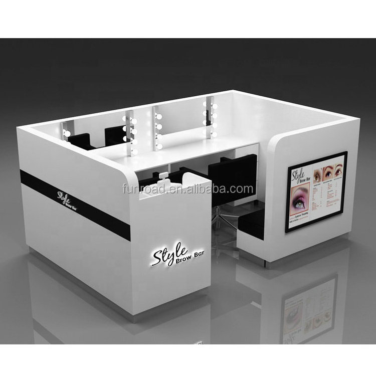 Small Simple White Eyebrow and Lash Beauty Kiosk Style Brow Bar Decoration Design Shopping Mall Eyebrow Threading Kiosk Idea