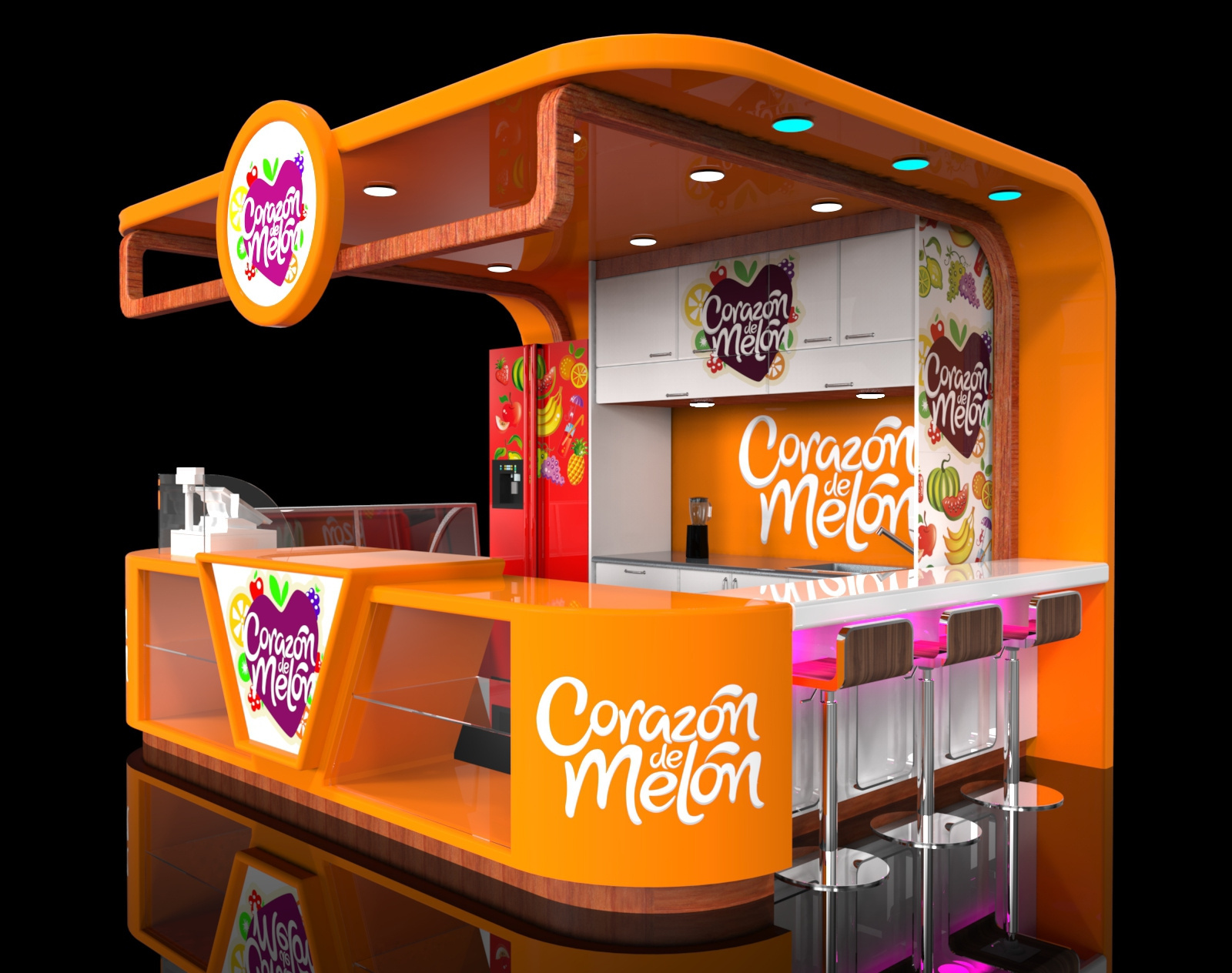 9sqm  square meters kiosk design food and drink store with payment counter and chairs