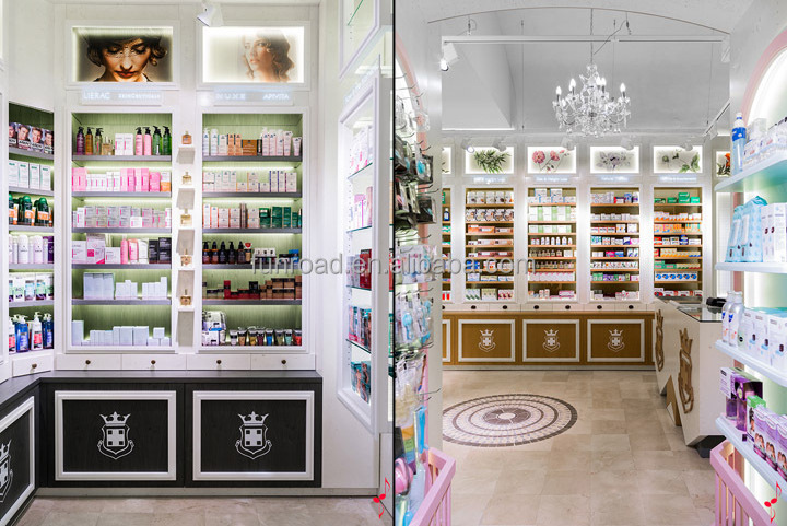 Pharmacy store white wooden wall cabinet with LED lights and glass shelves