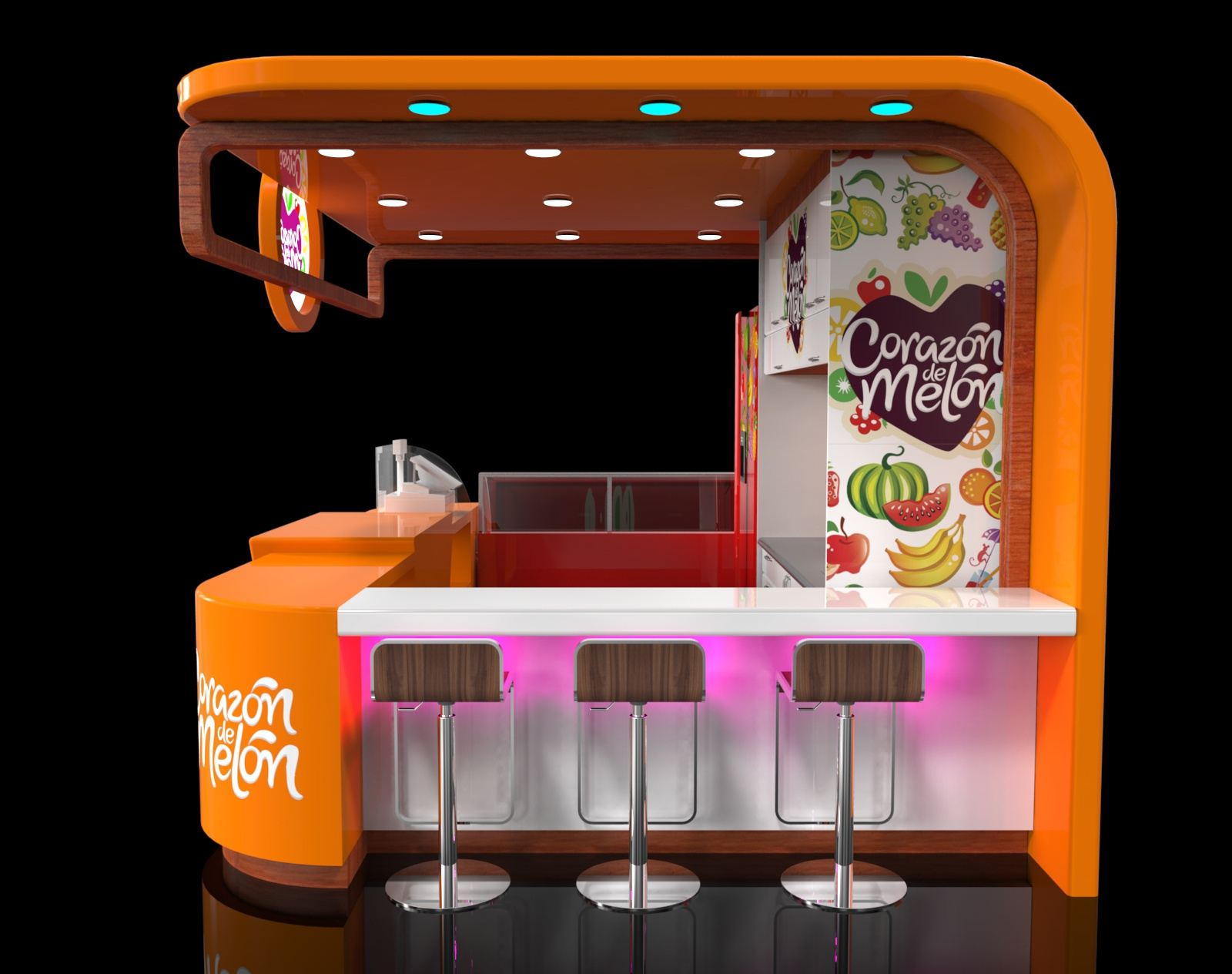 9sqm  square meters kiosk design food and drink store with payment counter and chairs