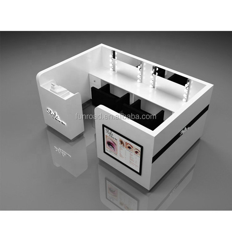 Small Simple White Eyebrow and Lash Beauty Kiosk Style Brow Bar Decoration Design Shopping Mall Eyebrow Threading Kiosk Idea