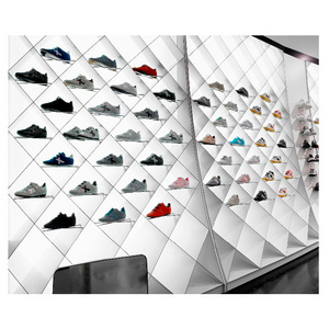 Retail Shoes Shop New Sport Slat Wall Shoe Display Wooden Shoe Display Rack with LED