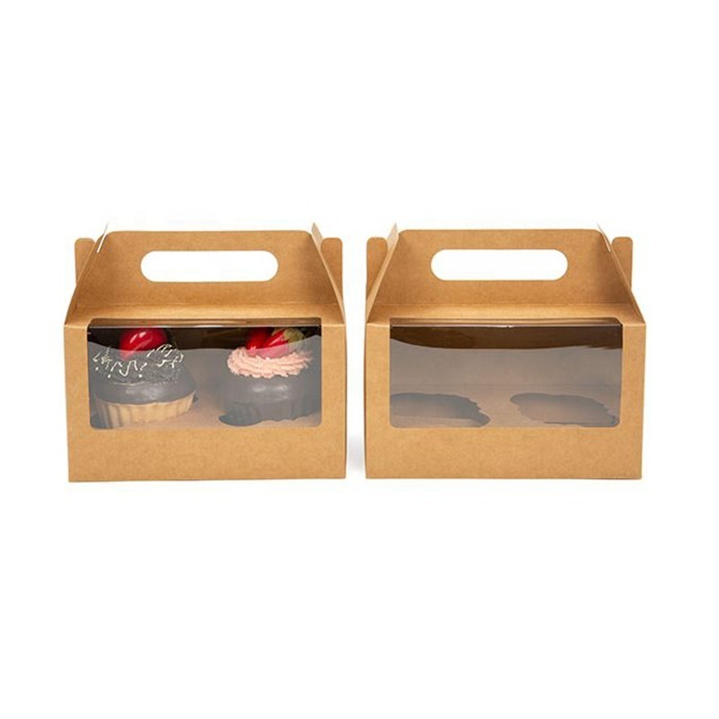 Custom Design Cupcakes Brown Kraft Paper Packaging Box Muffin Gable Box With Clear Window